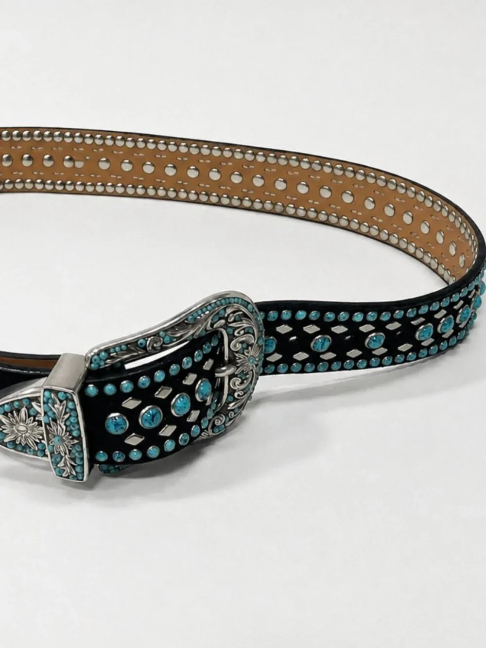 Nocona Black Leather Western Belt Large Turquoise Beaded Studded Floral Buckle